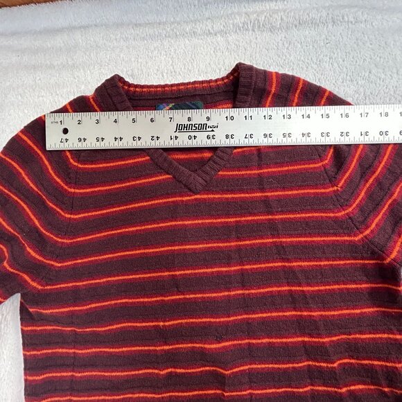Giordano Mens Pure New Wool V-Neck Sweater Red & Orange Striped Large Pullover - Picture 5 of 7